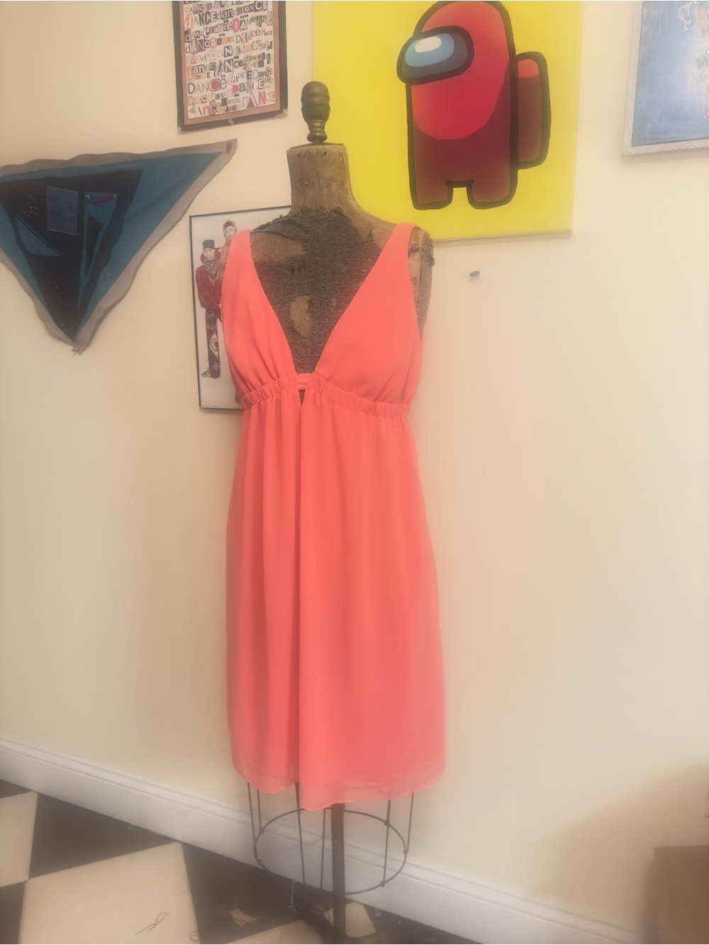 Coral V-Neck Chiffon Dress - Lined